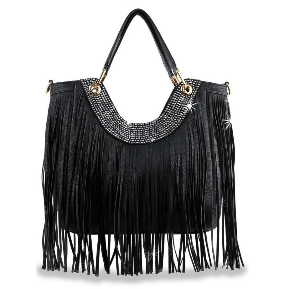 Gorgeous Black Fringe Rhinestone Bling Handbag Purse